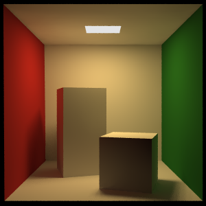 빨강과 초록 벽의 반사광이 흰 표면에 번지는 Cornell box